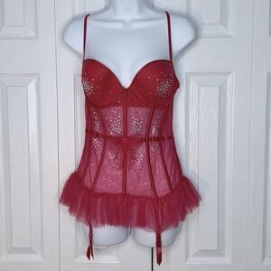 Victorias Secret Womens Rhinestone Sheer Mesh Boned‎ Buster Corset Red Size 36C